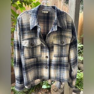 LA MIEL Shirt Jacket Flannel Blue/Cream Plaid Frayed Size Small